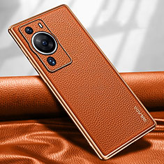 Huawei P60 Pro用ケース 高級感 手触り良いレザー柄 LD1 ファーウェイ オレンジ