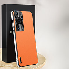 Huawei P60 Pro用ケース 高級感 手触り良いレザー柄 AT1 ファーウェイ オレンジ