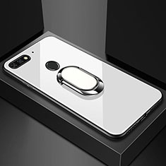 Huawei Y6 Prime (2018)用ハイブリットバンパーケース プラスチック 鏡面 カバー アンド指輪 マグネット式 ファーウェイ ホワイト