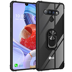 LG Stylo 6用360度 フルカバーハイブリットバンパーケース クリア透明 プラスチック 鏡面 アンド指輪 マグネット式 LG ブラック