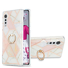 LG Velvet 5G用シリコンケース ソフトタッチラバー バタフライ パターン カバー アンド指輪 Y01B LG ピンク