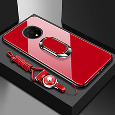 OnePlus 7T用ハイブリットバンパーケース プラスチック 鏡面 カバー アンド指輪 マグネット式 OnePlus レッド