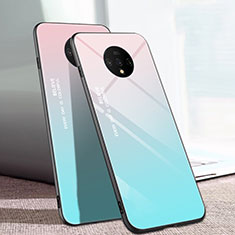 OnePlus 7T用ハイブリットバンパーケース プラスチック 鏡面 虹 グラデーション 勾配色 カバー H01 OnePlus シアン