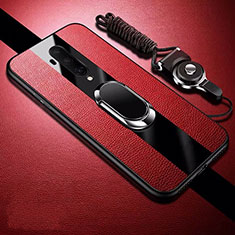 OnePlus 7T Pro用シリコンケース ソフトタッチラバー レザー柄 アンド指輪 マグネット式 T01 OnePlus レッド