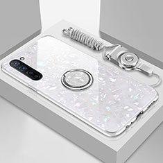 Oppo F15用ハイブリットバンパーケース プラスチック 鏡面 カバー アンド指輪 マグネット式 T01 Oppo ホワイト