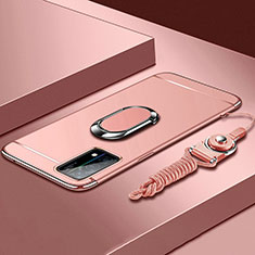 Oppo K9 5G用ケース 高級感 手触り良い メタル兼プラスチック バンパー アンド指輪 亦 ひも Oppo ピンク