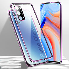 Oppo Reno4 5G用ケース 高級感 手触り良い アルミメタル 製の金属製 360度 フルカバーバンパー 鏡面 カバー Oppo パープル