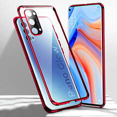 Oppo Reno4 Pro 5G用ケース 高級感 手触り良い アルミメタル 製の金属製 360度 フルカバーバンパー 鏡面 カバー Oppo レッド