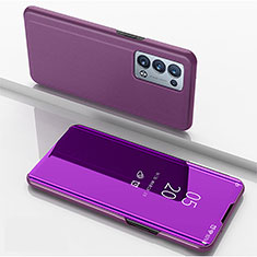 Oppo Reno6 Pro 5G用手帳型 レザーケース スタンド 鏡面 カバー Oppo パープル