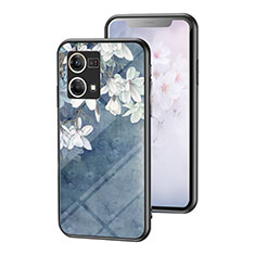 Oppo Reno7 4G用ハイブリットバンパーケース プラスチック 鏡面 花 カバー Oppo ネイビー