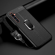 Realme 6 Pro用シリコンケース ソフトタッチラバー レザー柄 アンド指輪 マグネット式 Realme ブラック