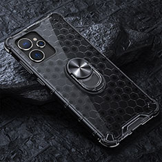 Realme 9i 5G用360度 フルカバーハイブリットバンパーケース クリア透明 プラスチック 鏡面 アンド指輪 マグネット式 AM1 Realme ブラック
