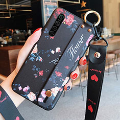 Realme X2用シリコンケース ソフトタッチラバー 花 カバー S01 Realme ブラック