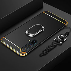Realme X3 SuperZoom用ケース 高級感 手触り良い メタル兼プラスチック バンパー アンド指輪 亦 ひも Realme ブラック