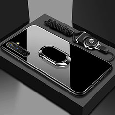 Realme XT用ハイブリットバンパーケース プラスチック 鏡面 カバー アンド指輪 マグネット式 Realme ブラック