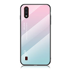 Samsung Galaxy A01 SM-A015用ハイブリットバンパーケース プラスチック 鏡面 虹 グラデーション 勾配色 カバー M01 サムスン シアン