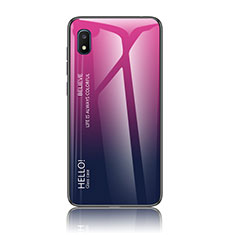 Samsung Galaxy A10e用ハイブリットバンパーケース プラスチック 鏡面 虹 グラデーション 勾配色 カバー LS1 サムスン ローズレッド