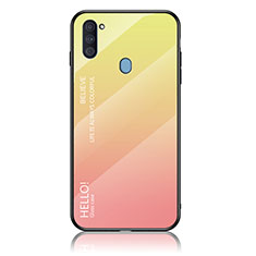 Samsung Galaxy A11用ハイブリットバンパーケース プラスチック 鏡面 虹 グラデーション 勾配色 カバー LS1 サムスン イエロー
