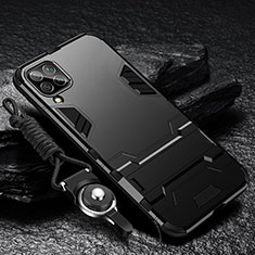 Samsung Galaxy A12用ハイブリットバンパーケース スタンド プラスチック 兼シリコーン カバー R01 サムスン ブラック