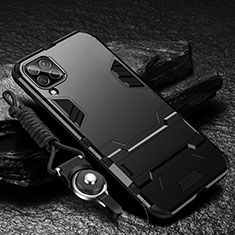 Samsung Galaxy A12 Nacho用ハイブリットバンパーケース スタンド プラスチック 兼シリコーン カバー R01 サムスン ブラック