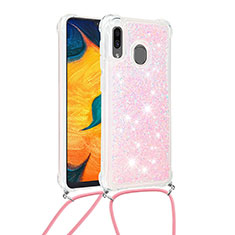 Samsung Galaxy A20用シリコンケース ソフトタッチラバー ブリンブリン カバー 携帯ストラップ S03 サムスン ピンク