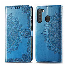 Samsung Galaxy A21用手帳型 レザーケース スタンド カバー L02 サムスン ブルー