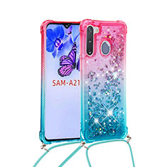 Samsung Galaxy A21 European用シリコンケース ソフトタッチラバー ブリンブリン カバー 携帯ストラップ S01 サムスン ピンク