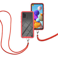 Samsung Galaxy A21s用ハイブリットバンパーケース プラスチック 兼シリコーン カバー 前面と背面 360度 フル 携帯ストラップ サムスン レッド
