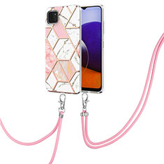 Samsung Galaxy A22 5G用シリコンケース ソフトタッチラバー バタフライ パターン カバー 携帯ストラップ Y01B サムスン ピンク