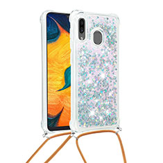Samsung Galaxy A30用シリコンケース ソフトタッチラバー ブリンブリン カバー 携帯ストラップ S03 サムスン シルバー