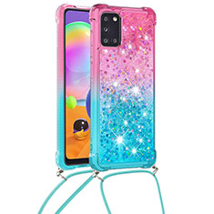 Samsung Galaxy A31用シリコンケース ソフトタッチラバー ブリンブリン カバー 携帯ストラップ S01 サムスン ピンク