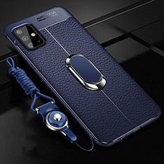 Samsung Galaxy A51 4G用シリコンケース ソフトタッチラバー レザー柄 アンド指輪 マグネット式 サムスン ネイビー