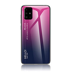 Samsung Galaxy A51 4G用ハイブリットバンパーケース プラスチック 鏡面 虹 グラデーション 勾配色 カバー LS1 サムスン ローズレッド