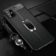 Samsung Galaxy A51 5G用シリコンケース ソフトタッチラバー レザー柄 アンド指輪 マグネット式 T01 サムスン ブラック
