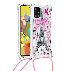 Samsung Galaxy A51 5G用シリコンケース ソフトタッチラバー ブリンブリン カバー 携帯ストラップ S02 サムスン ピンク