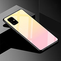 Samsung Galaxy A51 5G用ハイブリットバンパーケース プラスチック 鏡面 虹 グラデーション 勾配色 カバー サムスン イエロー