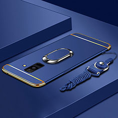 Samsung Galaxy A6 Plus用ケース 高級感 手触り良い メタル兼プラスチック バンパー アンド指輪 亦 ひも サムスン ネイビー