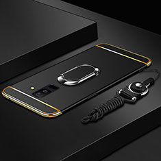 Samsung Galaxy A6 Plus用ケース 高級感 手触り良い メタル兼プラスチック バンパー アンド指輪 亦 ひも サムスン ブラック