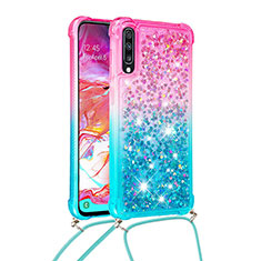 Samsung Galaxy A70用シリコンケース ソフトタッチラバー ブリンブリン カバー 携帯ストラップ S01 サムスン ピンク