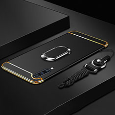 Samsung Galaxy A70用ケース 高級感 手触り良い メタル兼プラスチック バンパー アンド指輪 亦 ひも サムスン ブラック