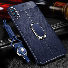 Samsung Galaxy A70S用シリコンケース ソフトタッチラバー レザー柄 アンド指輪 マグネット式 サムスン ネイビー