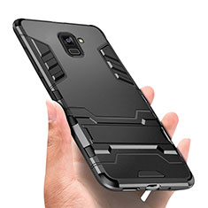 Samsung Galaxy A8+ A8 Plus (2018) A730F用ハイブリットバンパーケース スタンド プラスチック 兼シリコーン W01 サムスン ブラック