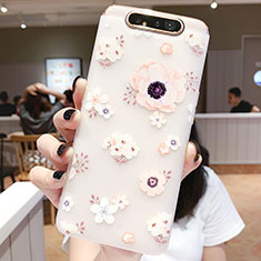 Samsung Galaxy A80用シリコンケース ソフトタッチラバー 花 カバー S04 サムスン ピンク