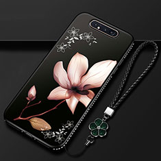 Samsung Galaxy A80用シリコンケース ソフトタッチラバー 花 カバー S06 サムスン ブラウン
