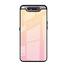 Samsung Galaxy A90 4G用ハイブリットバンパーケース プラスチック 鏡面 虹 グラデーション 勾配色 カバー H01 サムスン ピンク