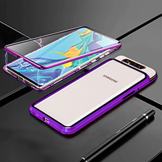 Samsung Galaxy A90 4G用ケース 高級感 手触り良い アルミメタル 製の金属製 360度 フルカバーバンパー 鏡面 カバー T01 サムスン パープル