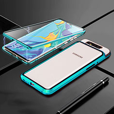 Samsung Galaxy A90 4G用ケース 高級感 手触り良い アルミメタル 製の金属製 360度 フルカバーバンパー 鏡面 カバー T01 サムスン シアン