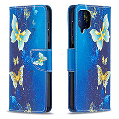 Samsung Galaxy F12用手帳型 レザーケース スタンド パターン カバー B03F サムスン ブルー
