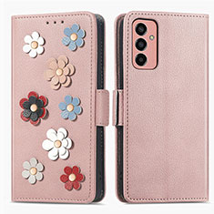 Samsung Galaxy F13 4G用手帳型 レザーケース スタンド 花 カバー S02D サムスン ローズゴールド