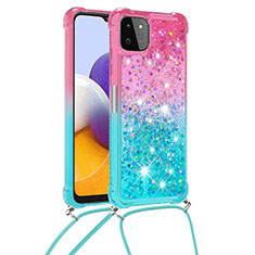 Samsung Galaxy F42 5G用シリコンケース ソフトタッチラバー ブリンブリン カバー 携帯ストラップ S01 サムスン ピンク